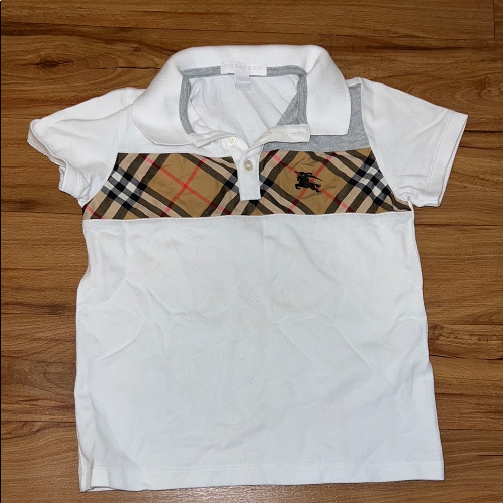 Burberry White and Tan Polo with Signature Plaid Collar